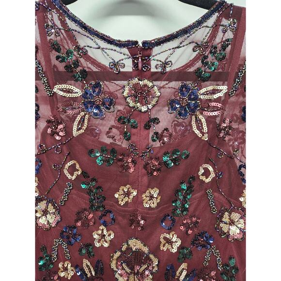 Gianni Bini Women's Wendy Burgundy Sequin Mesh Embroidered Floral Dress, Size 0 - Picture 7 of 14